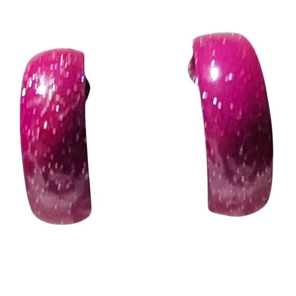 Retro 80s 90s Pink Glitter C-Shaped Hoop Earrings Statement Fashion Jewelry - Picture 1 of 4